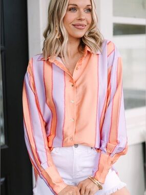 Entro In Your Heart Peach Orange Striped Blouse Silky Satin Top